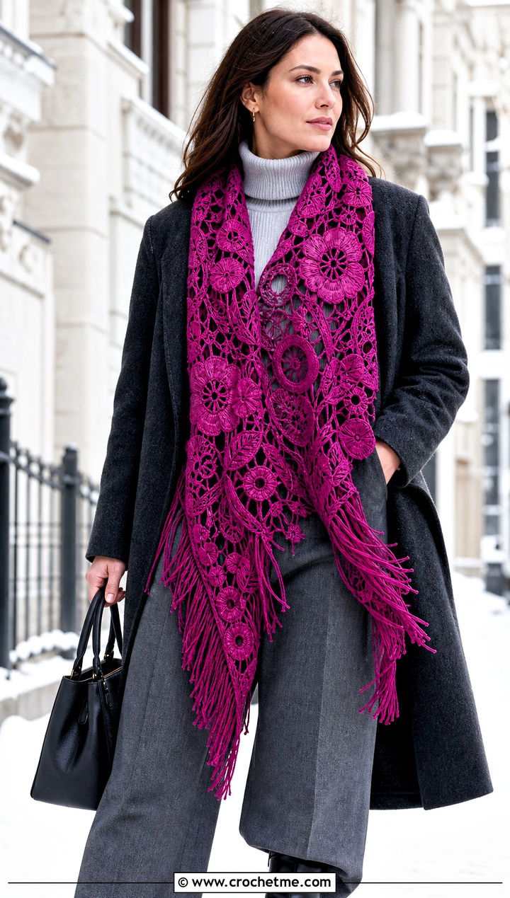 Fringed Irish Crochet Shawl With Winter Knitwear - 20 Irish Crochet Shawl outfit ideas