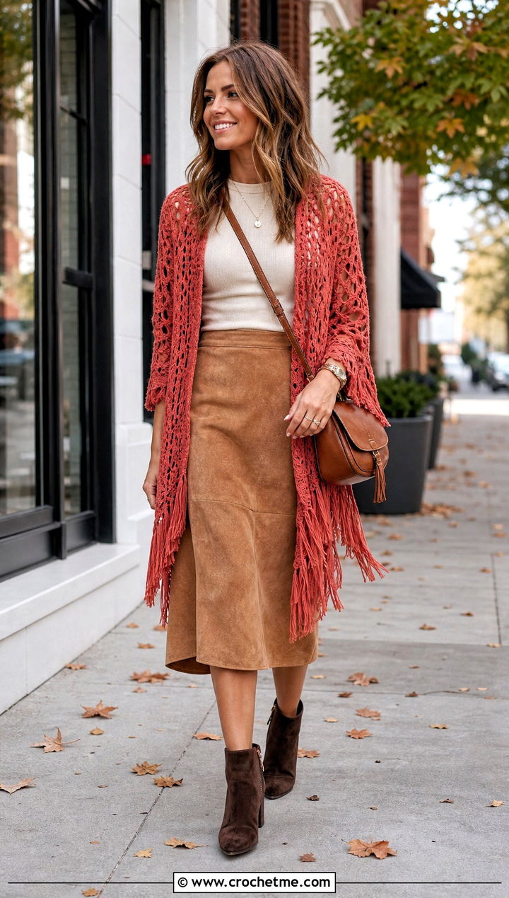 Fringed Lace Crochet Jacket With Suede Skirt - 20 Lacy Crochet Jacket outfit ideas