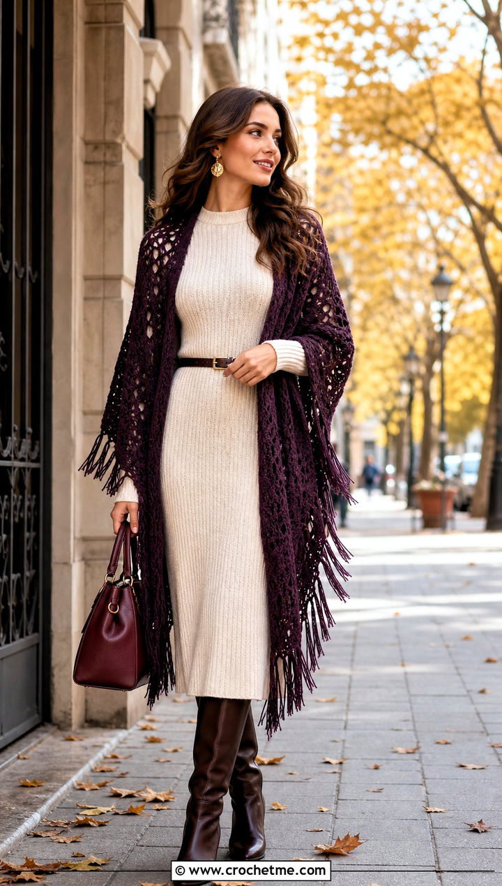 Fringed Lace Crochet Shawl With Knit Dress - 15 Easy Lacy Crochet Shawl outfit ideas