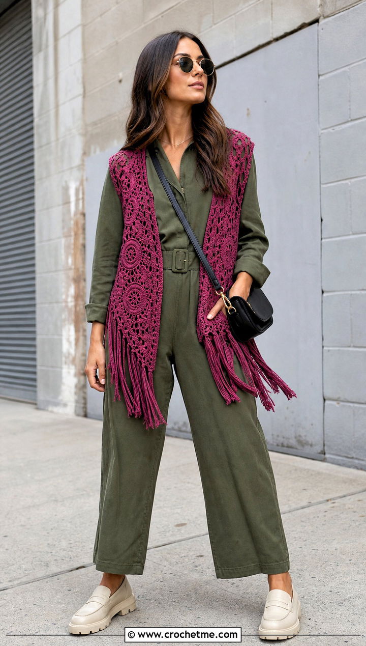 Fringed Lace Crochet Vest With a Utility Jumpsuit - 20 Lacy Crochet Vest outfit ideas
