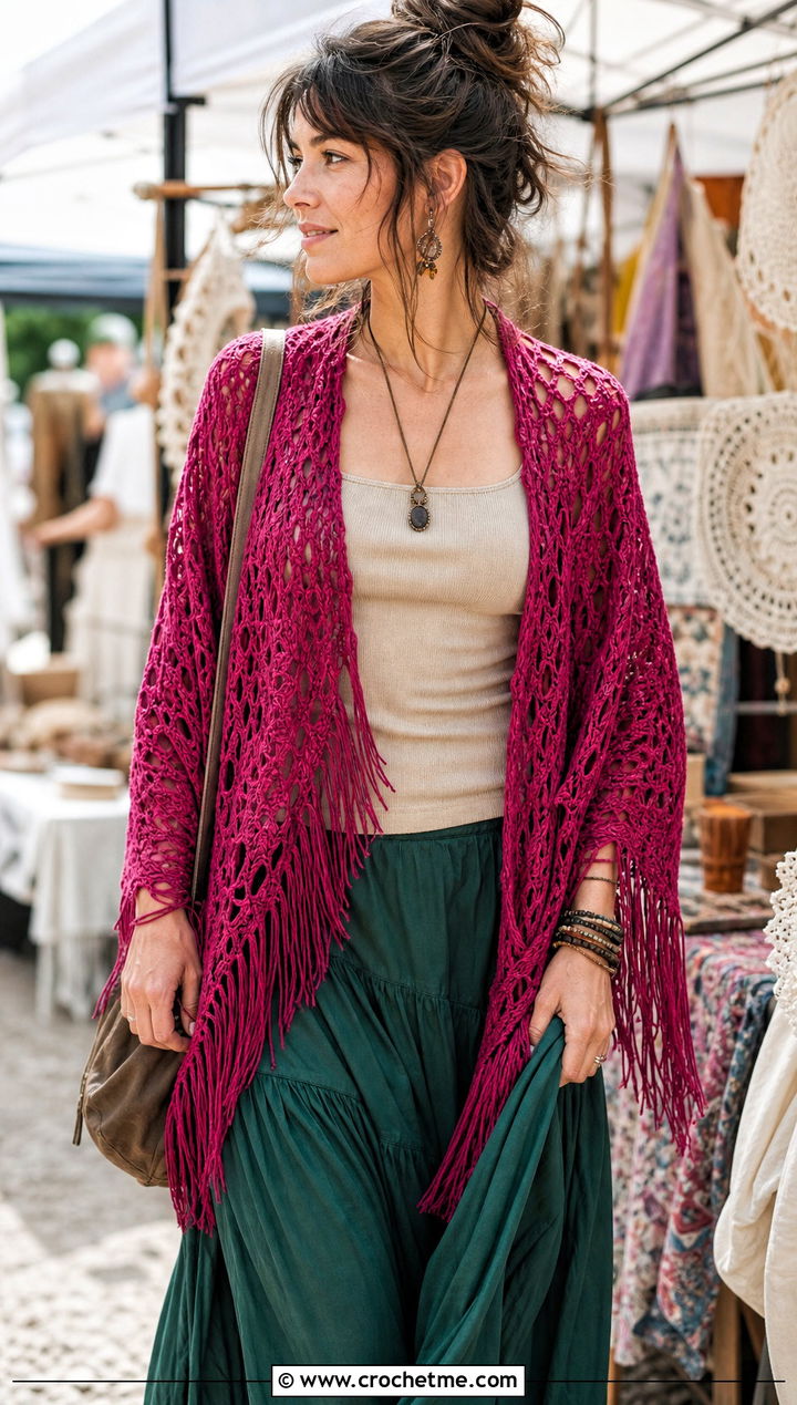 Fringed Lace Triangle Shawl With A Maxi Skirt - 20 Crochet Lace Triangle Shawl outfit ideas
