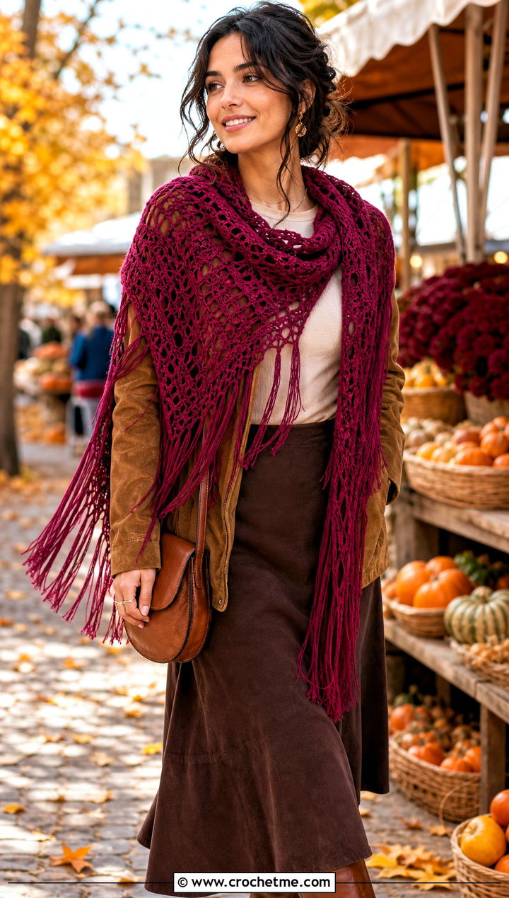 Fringed Lace Triangle Shawl With Suede Jacket And Midi Skirt - 25 Crochet Lacy Triangle Shawl outfit ideas