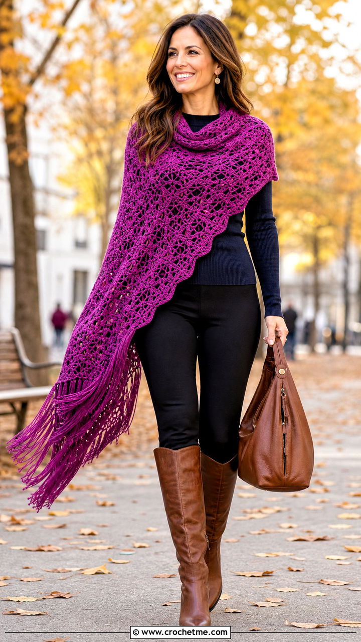 Fringed Lacy Crochet Shawl With Sweater And Leggings - 35 lacy crochet shawl outfit ideas