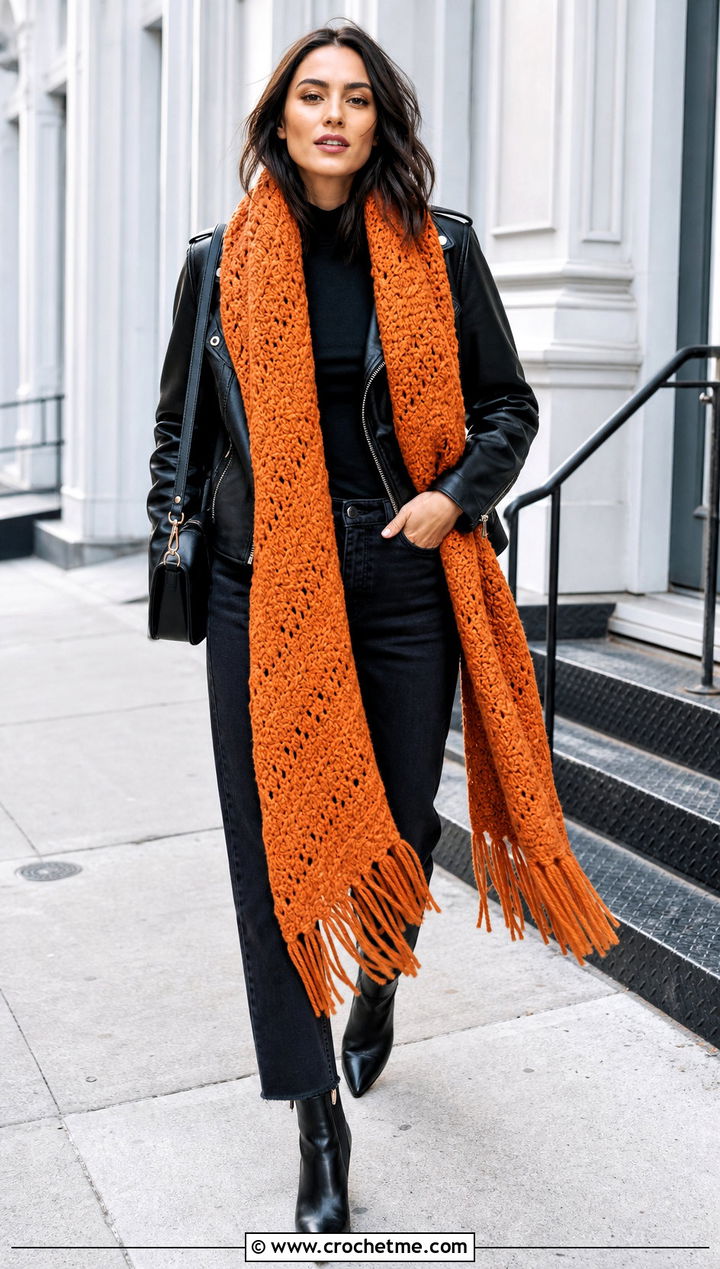 Fringed Long C C Scarf With Moto Jacket And Black Jeans - 35 c2c crochet scarf outfit ideas