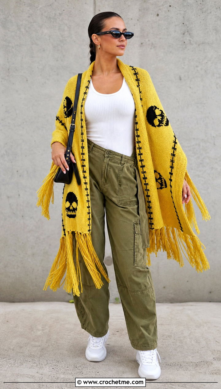 Fringed Lost Souls Shawl With Cargo Pants - 35 crochet lost souls shawl outfit ideas