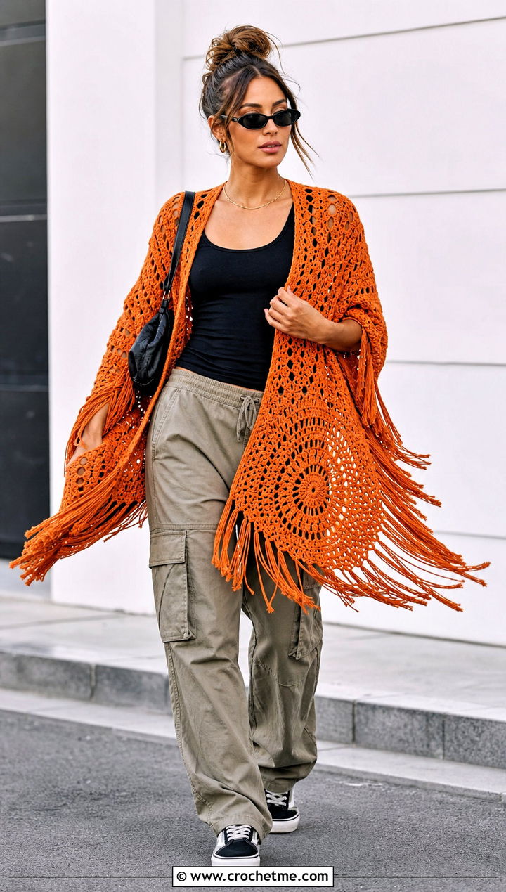Fringed Mandala Circular Jacket With Cargo Pants - 15 Crochet Circular Jacket outfit ideas