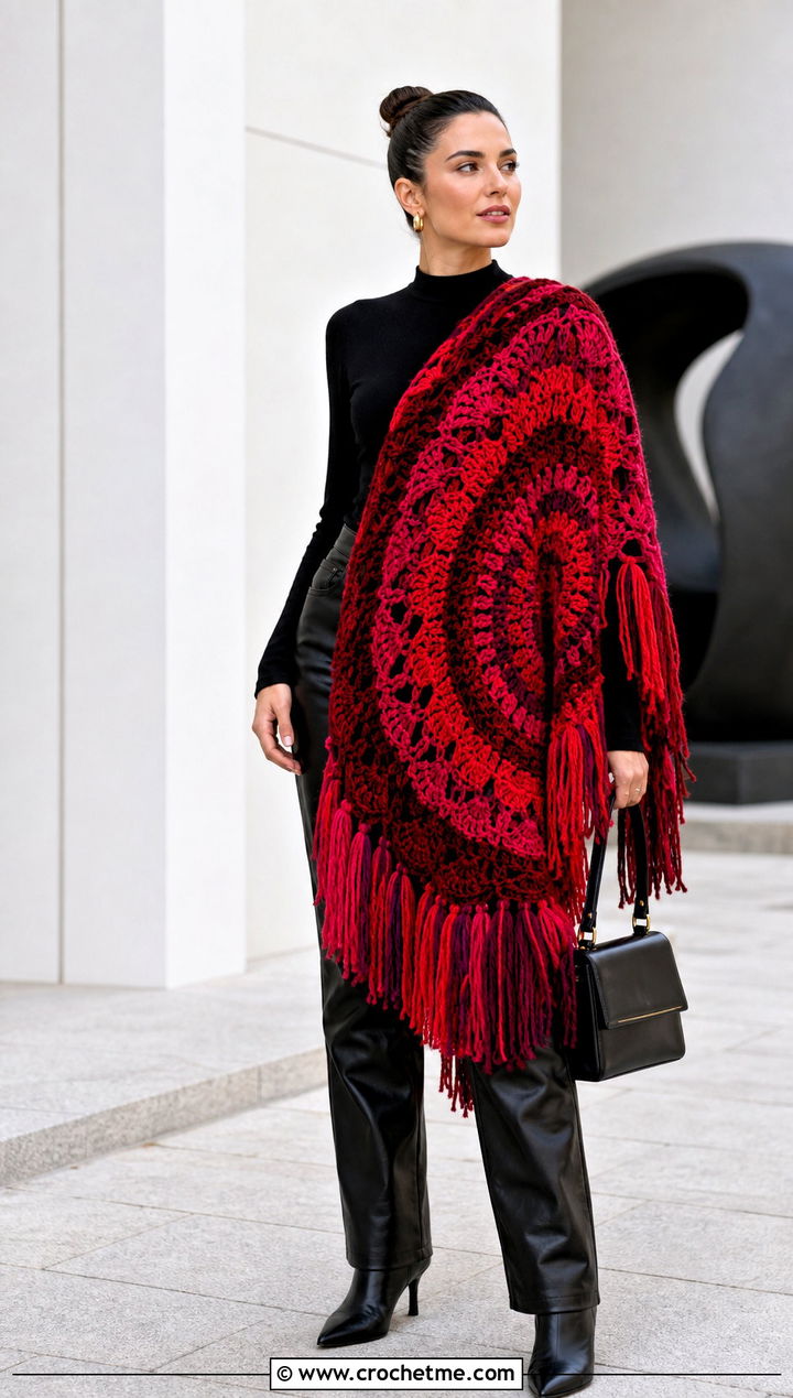 Fringed Mandala Yarn Crochet Shawl With Leather Pants - 15 Crochet Shawl Mandala Yarn outfit ideas
