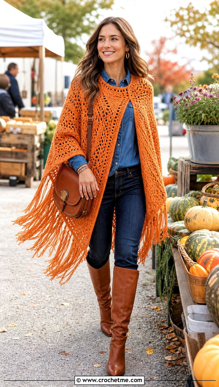 Fringed Martha Stewart Crochet Poncho With Denim Shirt - 15 martha stewart crochet poncho outfit ideas