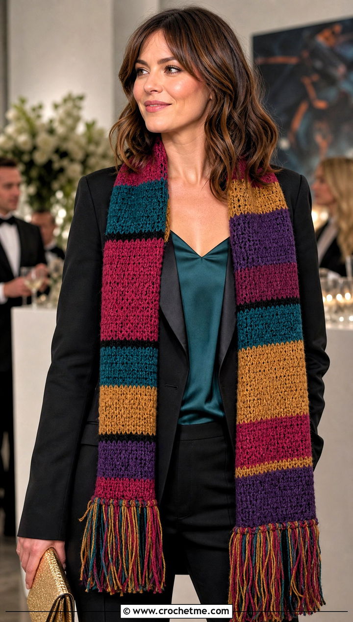 Fringed Maxi Length Doctor Who Crochet Scarf With Evening Suit - 25 Doctor Who Crochet Scarf outfit ideas