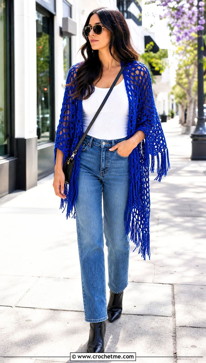 Fringed Mesh Crochet Poncho With Straight Leg Jeans - 25 Mesh Crochet Poncho outfit ideas