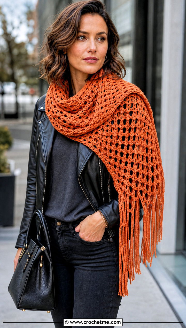 Fringed Mesh Crochet Scarf With Leather Jacket - 25 Mesh Crochet Scarf outfit ideas