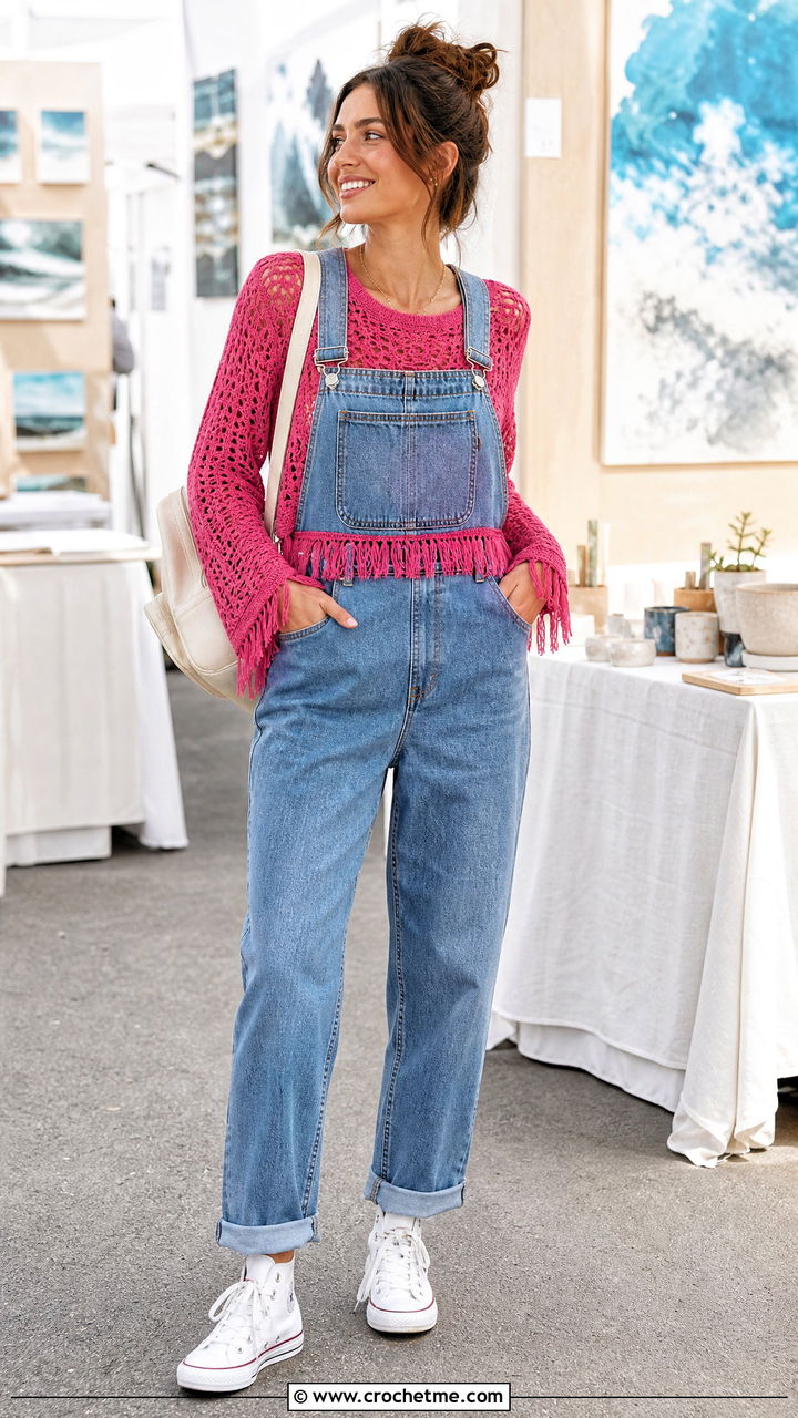 Fringed Mesh Crochet Top With Denim Overalls - 35 mesh crochet top outfit ideas