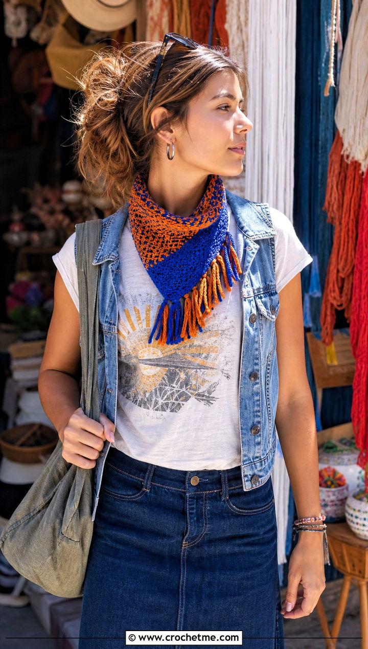 Fringed Mini Crochet Scarf With Graphic Tee And Maxi Skirt - 15 Small Neck Crochet Scarf outfit ideas