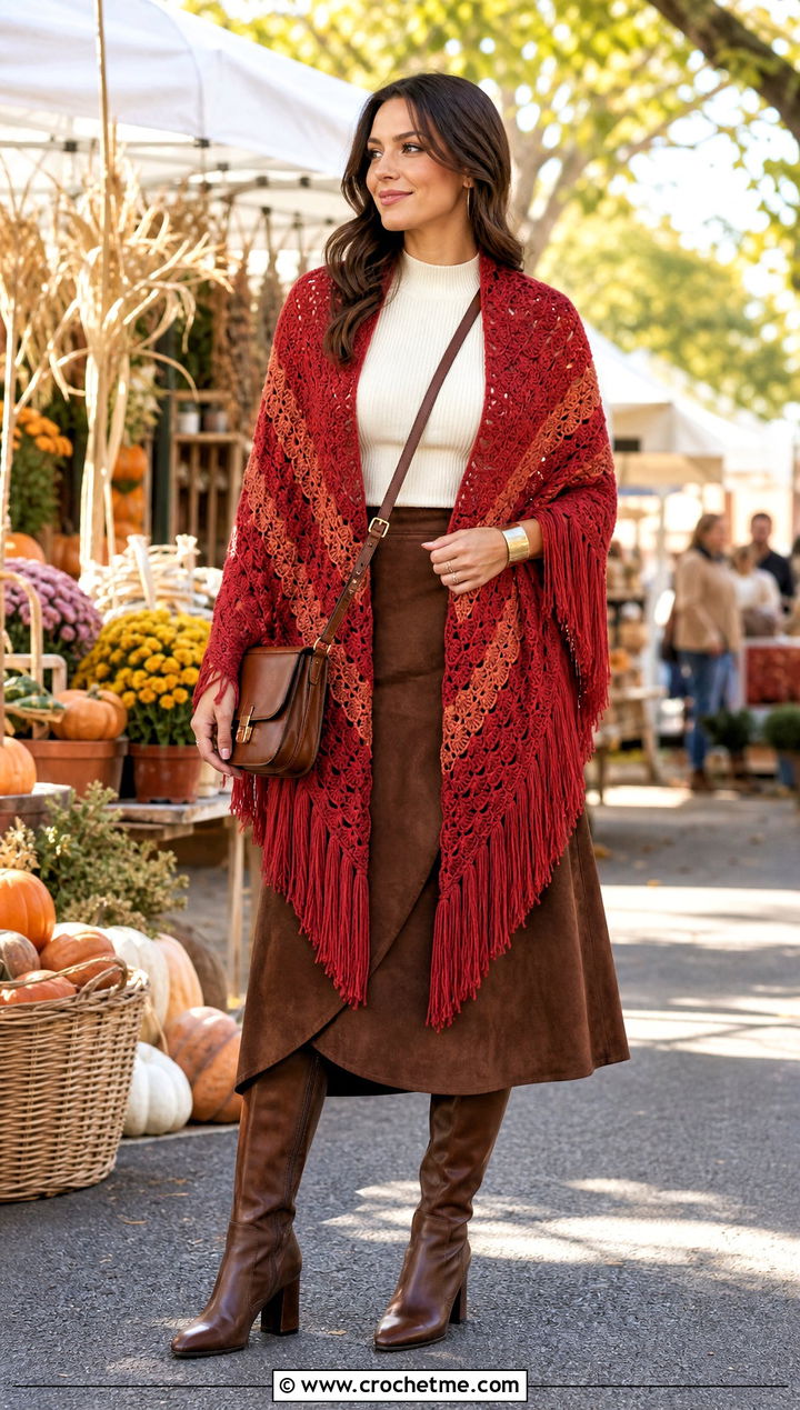 Fringed Moonrise Crochet Shawl With Suede Skirt - 15 Crochet Moon Shawl outfit ideas