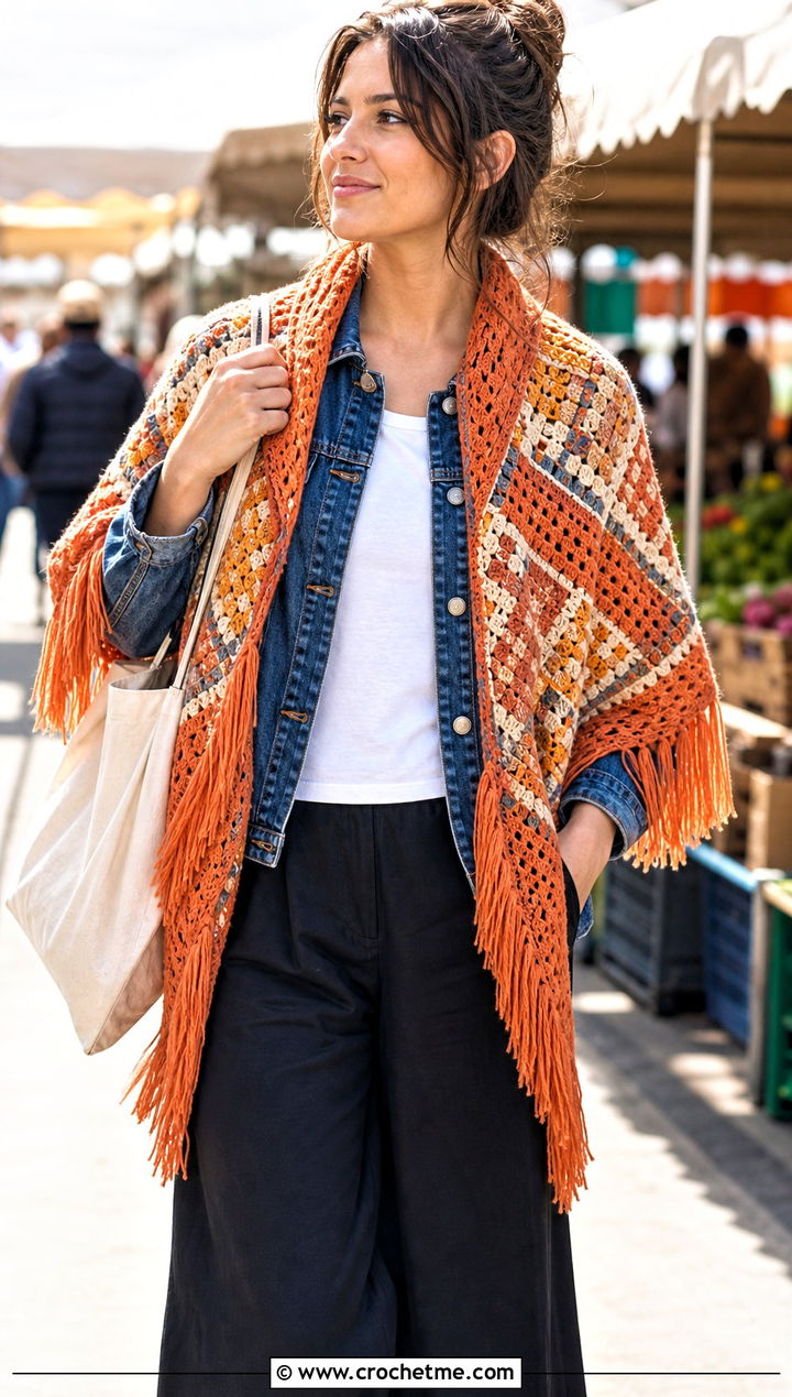 Fringed Mosaic Crochet Shawl With Denim Jacket - 30 mosaic crochet shawl outfit ideas