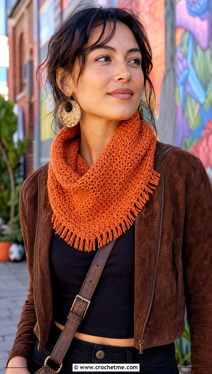 Fringed Moss Stitch Crochet Cowl With Suede Jacket - 15 Moss Stitch Crochet Cowl outfit ideas