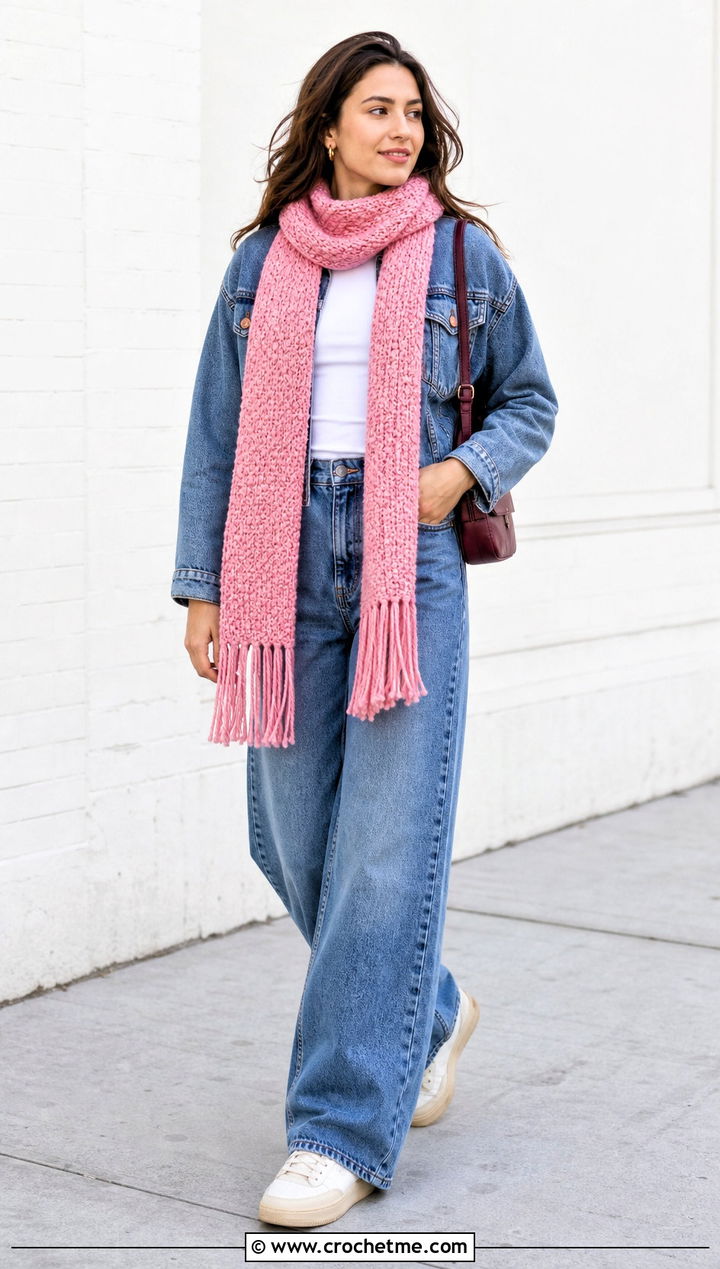 Fringed Moss Stitch Scarf With Denim Jacket And Wide Leg Jeans - 35 crochet moss stitch scarf outfit ideas