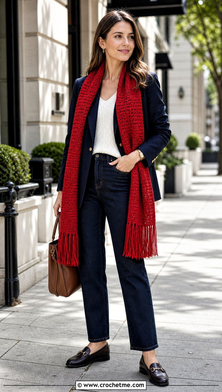 Fringed Moss Stitch Shawl With A Blazer And Jeans - 25 Crochet Moss Stitch Shawl outfit ideas