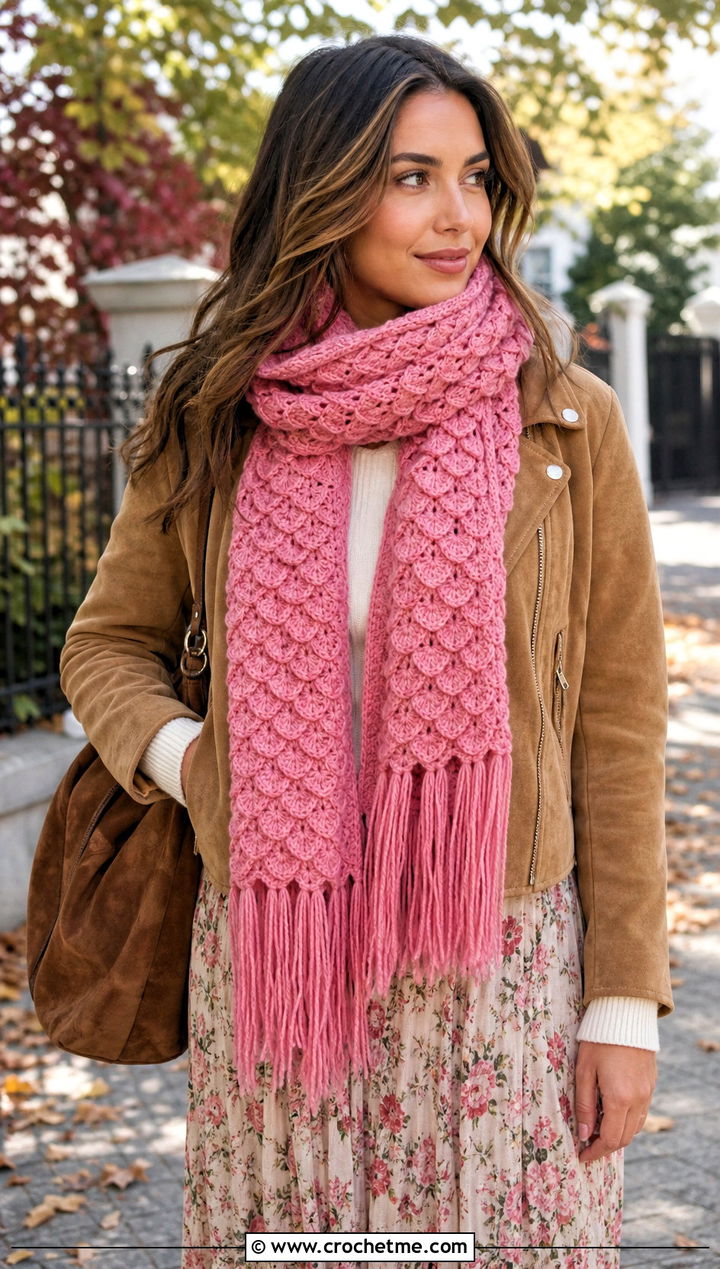 Fringed Natsu Scarf With Midi Skirt and Boots - 15 Crochet Natsu Scarf outfit ideas