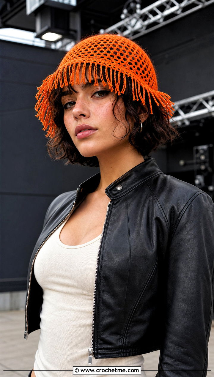 Fringed Net Hat With Leather Jacket - 25 crochet net hat outfit ideas