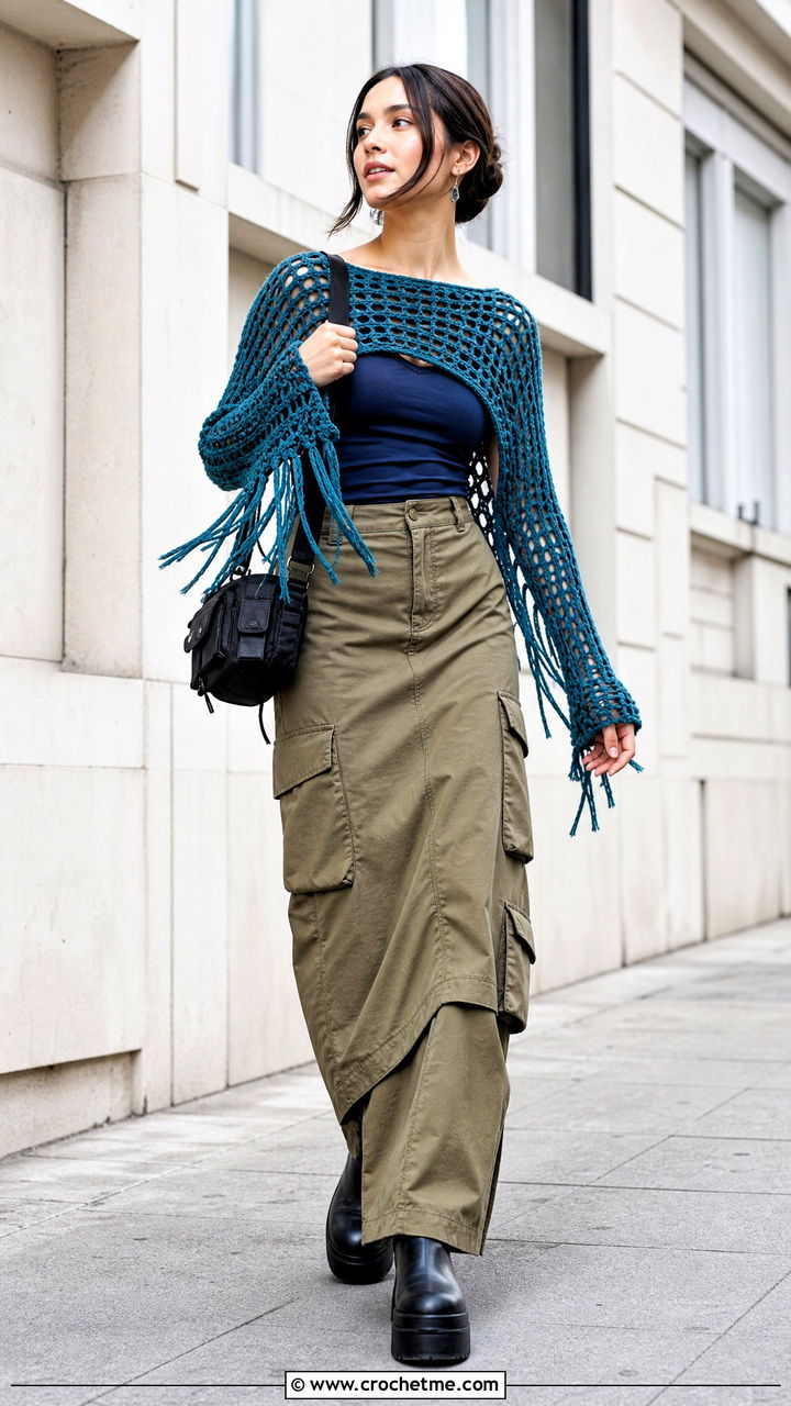 Fringed Net Sweater With Cargo Maxi Skirt - 35 crochet net sweater outfit ideas