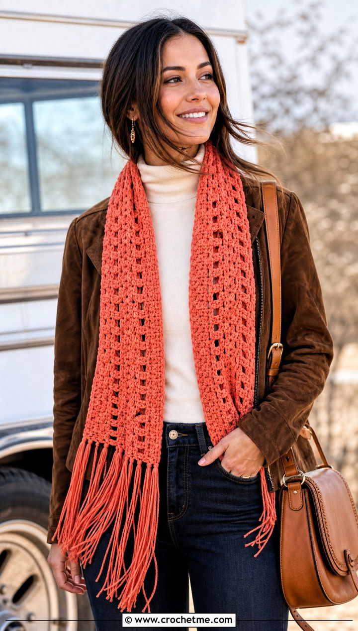 Fringed One Row Repeat Crochet Scarf With Suede Jacket - 20 one row repeat crochet scarf outfit ideas