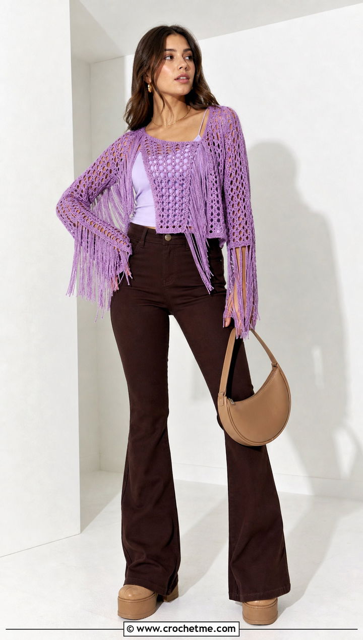 Fringed Openwork Crochet Jumper With Flared Pants - 15 Ladies Crochet Jumper outfit ideas