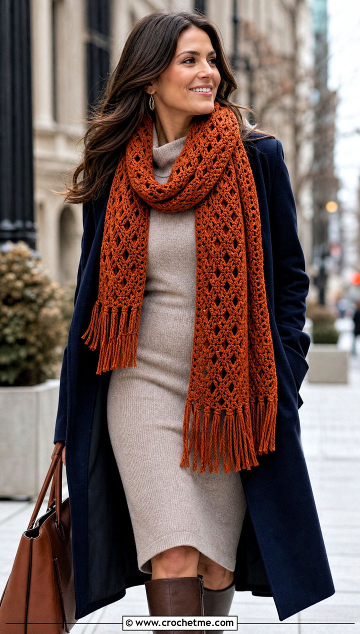 Fringed Openwork Crochet Scarf With Sweater Dress - 15 openwork crochet scarf outfit ideas