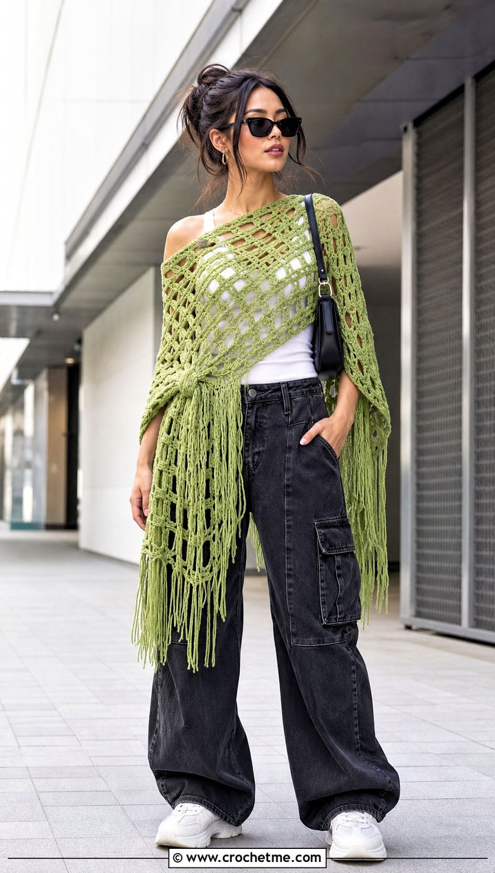 Fringed Openwork Rectangle Crochet Shawl With Cargo Pants - 20 Rectangle Crochet Shawl outfit ideas