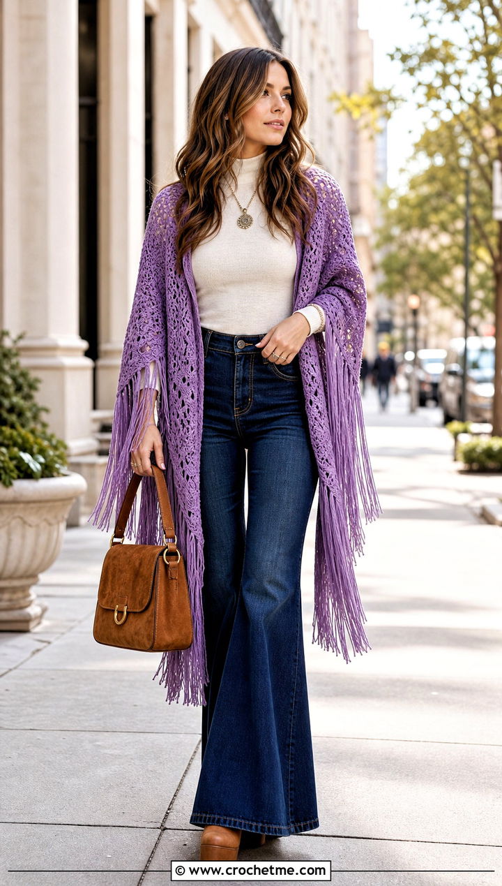 Fringed Outlander Shawl With Flared Jeans - 35 crochet outlander shawl outfit ideas