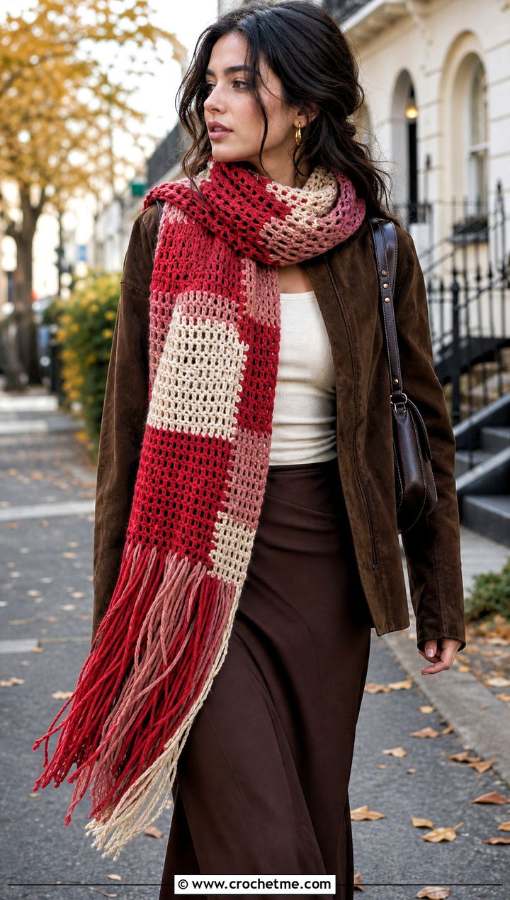 Fringed Patchwork Crochet Scarf With Suede Jacket and Maxi Skirt - 15 Patchwork Crochet Scarf outfit ideas