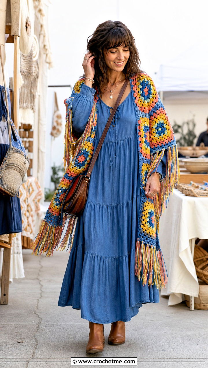 Fringed Pentagon Granny Square Cardigan With Prairie Maxi Dress - 25 Pentagon Granny Square Cardigan outfit ideas