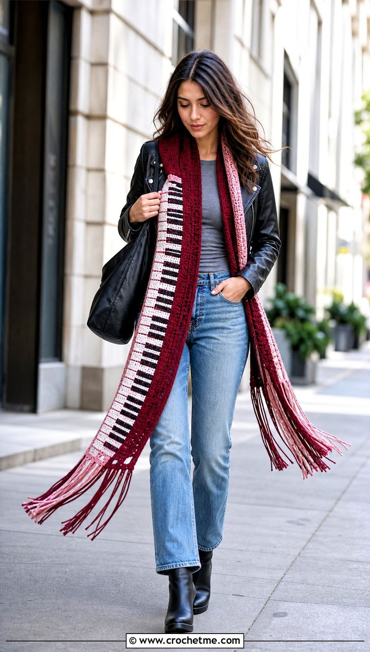Fringed Piano Scarf With Leather Jacket - 35 crochet piano scarf outfit ideas