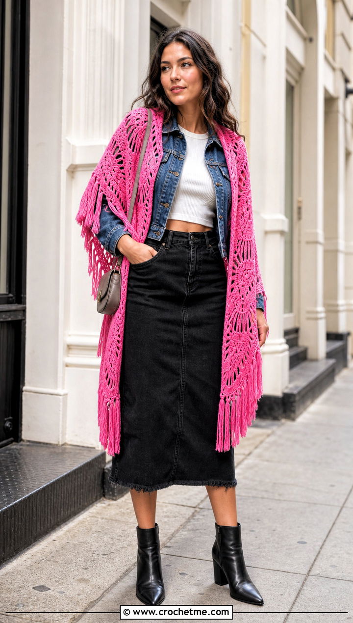 Fringed Pineapple Crochet Shawl With Denim Jacket - 25 pineapple crochet shawl outfit ideas