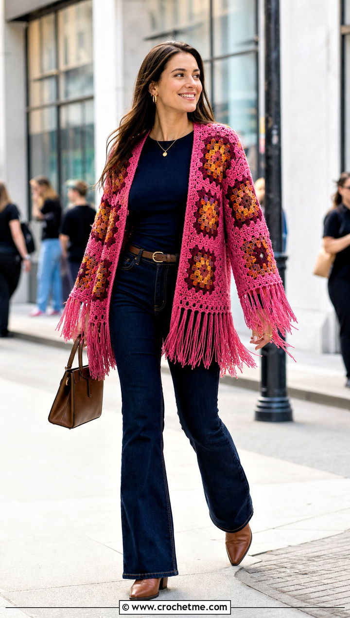 Fringed Pink Granny Square Cardigan With Dark Denim - 35 pink granny square cardigan outfit ideas