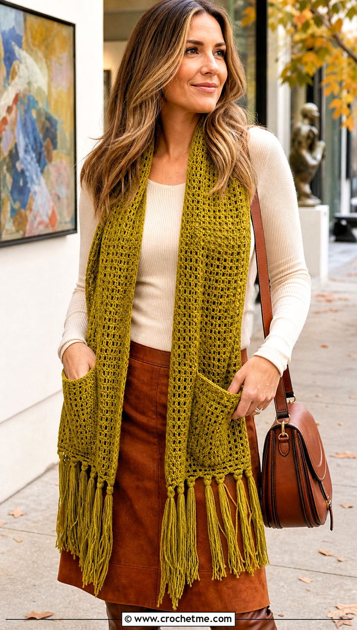 Fringed Pocket Scarf With Suede Skirt And Boots - 25 crochet pocket scarves outfit ideas