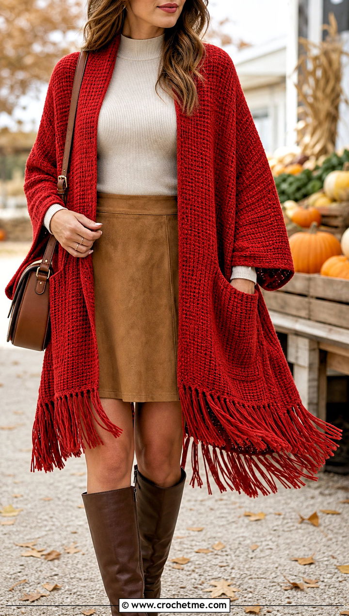 Fringed Pocket Shawl With A Suede Skirt - 15 Tunisian Crochet Pocket Shawl outfit ideas
