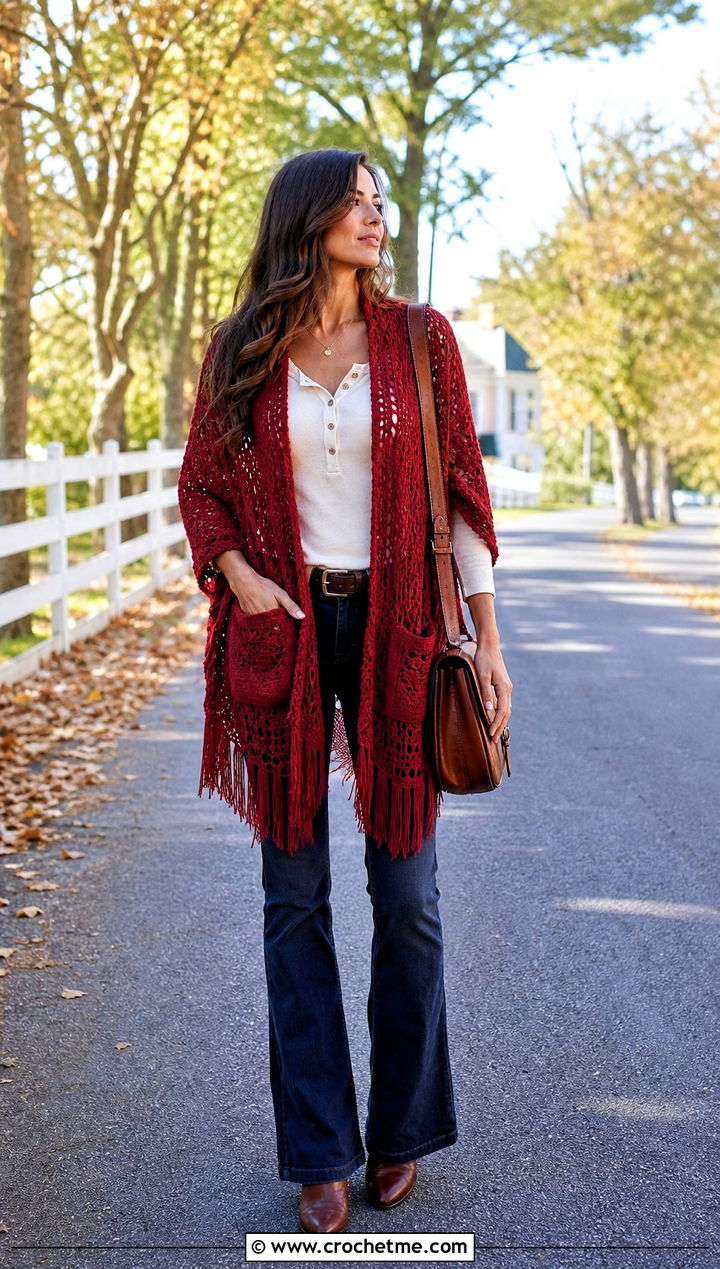 Fringed Pocket Shawl With Western Denim - 15 Crochet Shawls And Wraps With Pockets outfit ideas