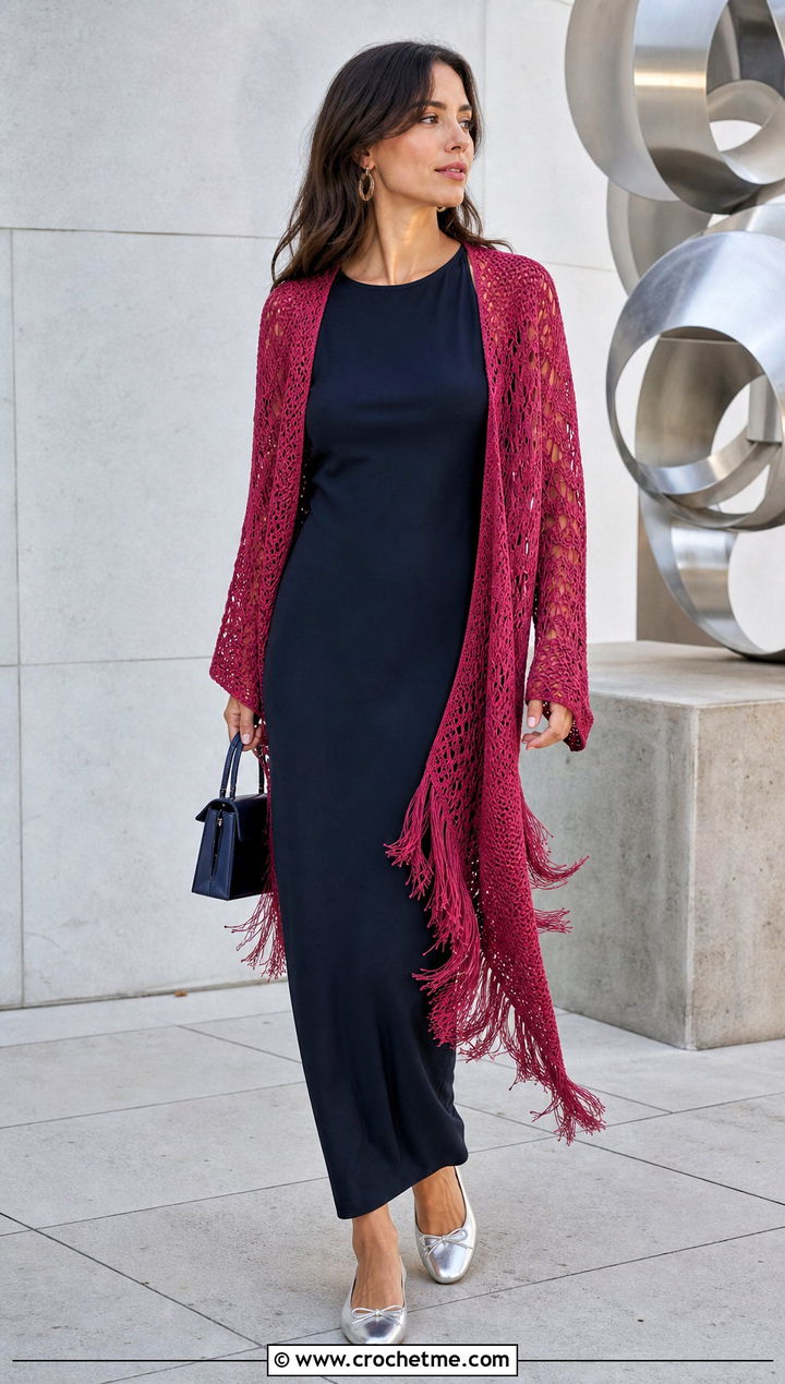 Fringed Pointed Hem Crochet Cardigan With Column Dress - 30 crochet asymmetrical cardigan outfit ideas