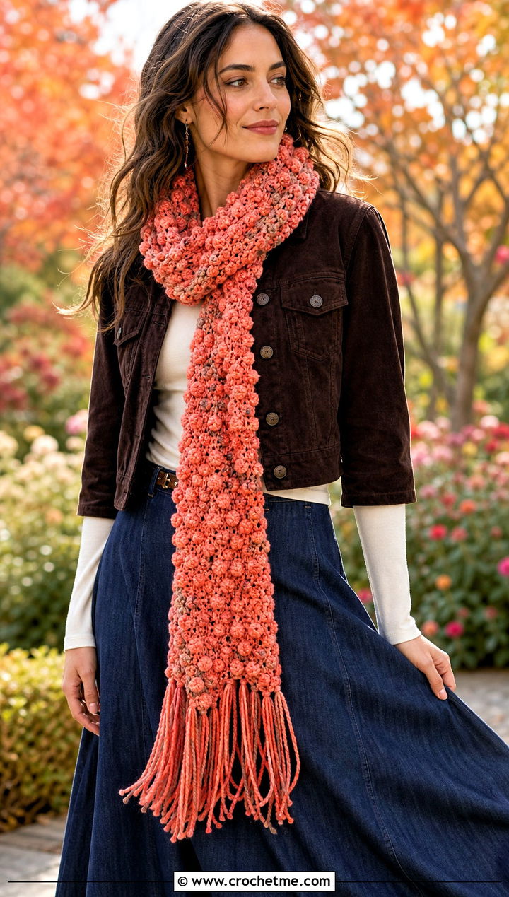 Fringed Popcorn Crochet Scarf With Maxi Skirt - 25 Popcorn Crochet Scarf outfit ideas