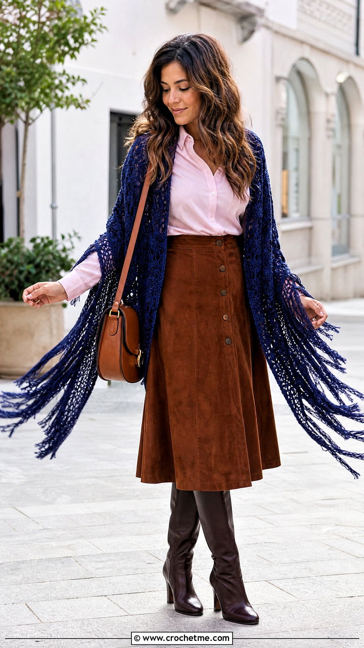 Fringed Prayer Shawl With Suede Midi Skirt - 35 crochet prayer shawl outfit ideas