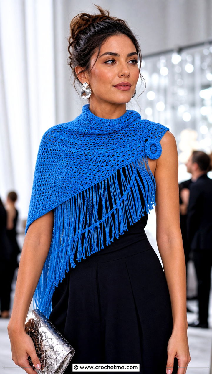 Fringed Pull Through Crochet Button Hole Scarf With Jumpsuit - 15 Crochet Button Hole Scarf outfit ideas