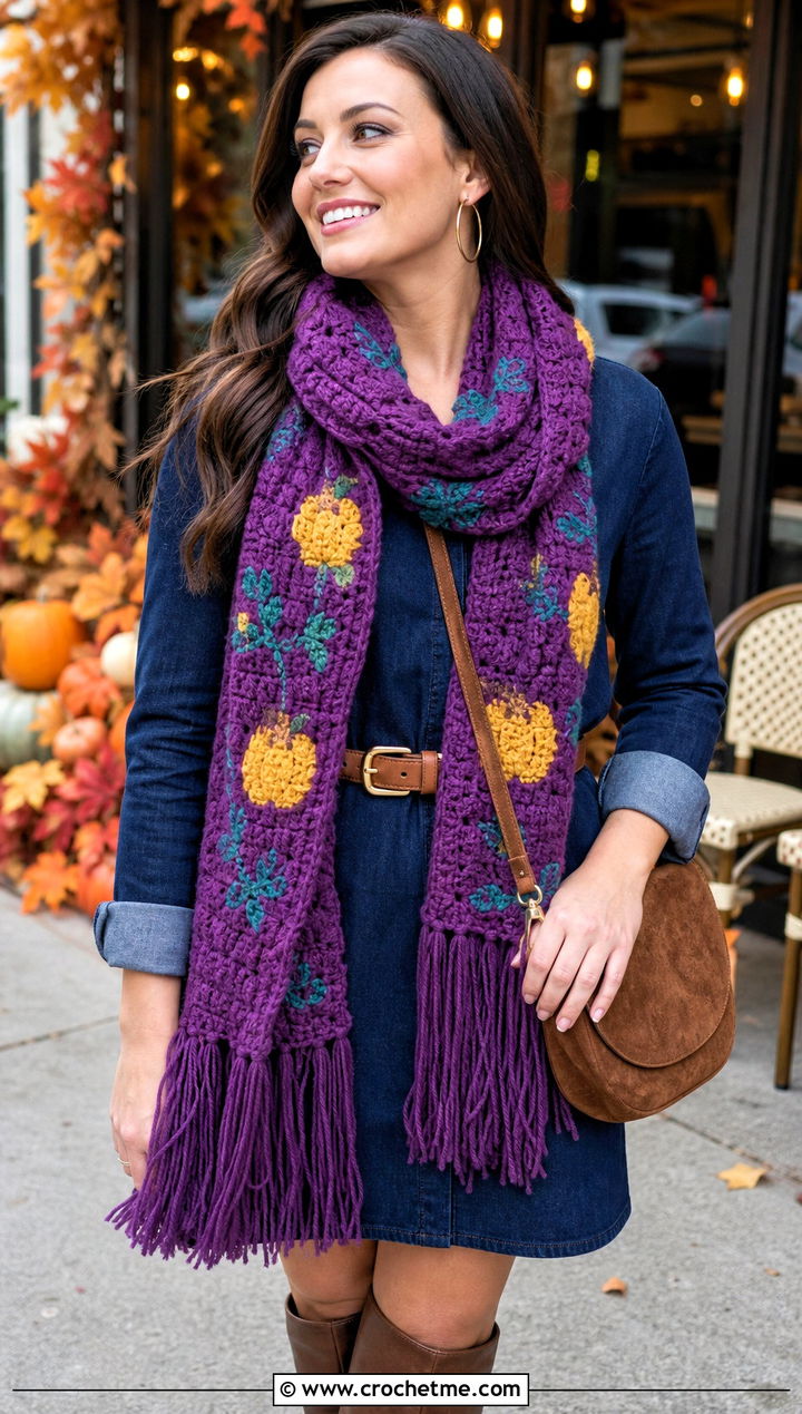 Fringed Pumpkin Scarf With Denim Dress - 15 crochet pumpkin scarf outfit ideas
