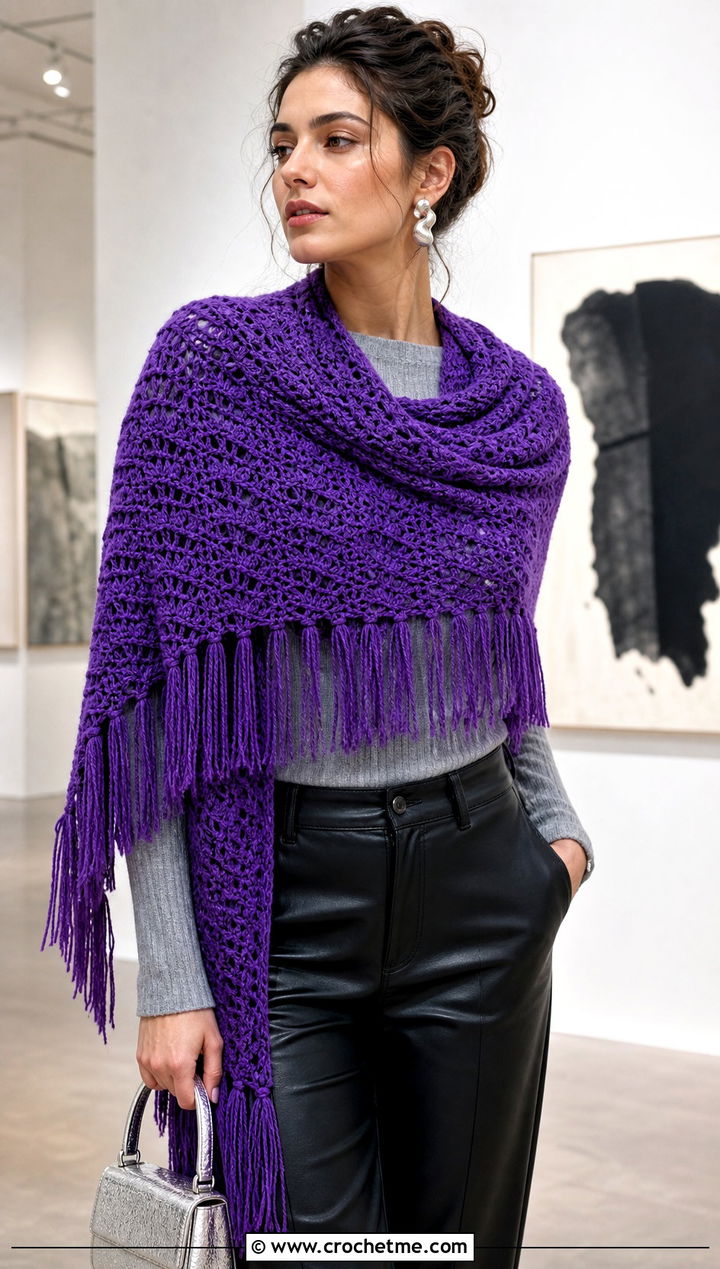 Fringed Rectangle Crochet Shawl With Leather Pants - 20 Rectangle Crochet Shawls outfit ideas
