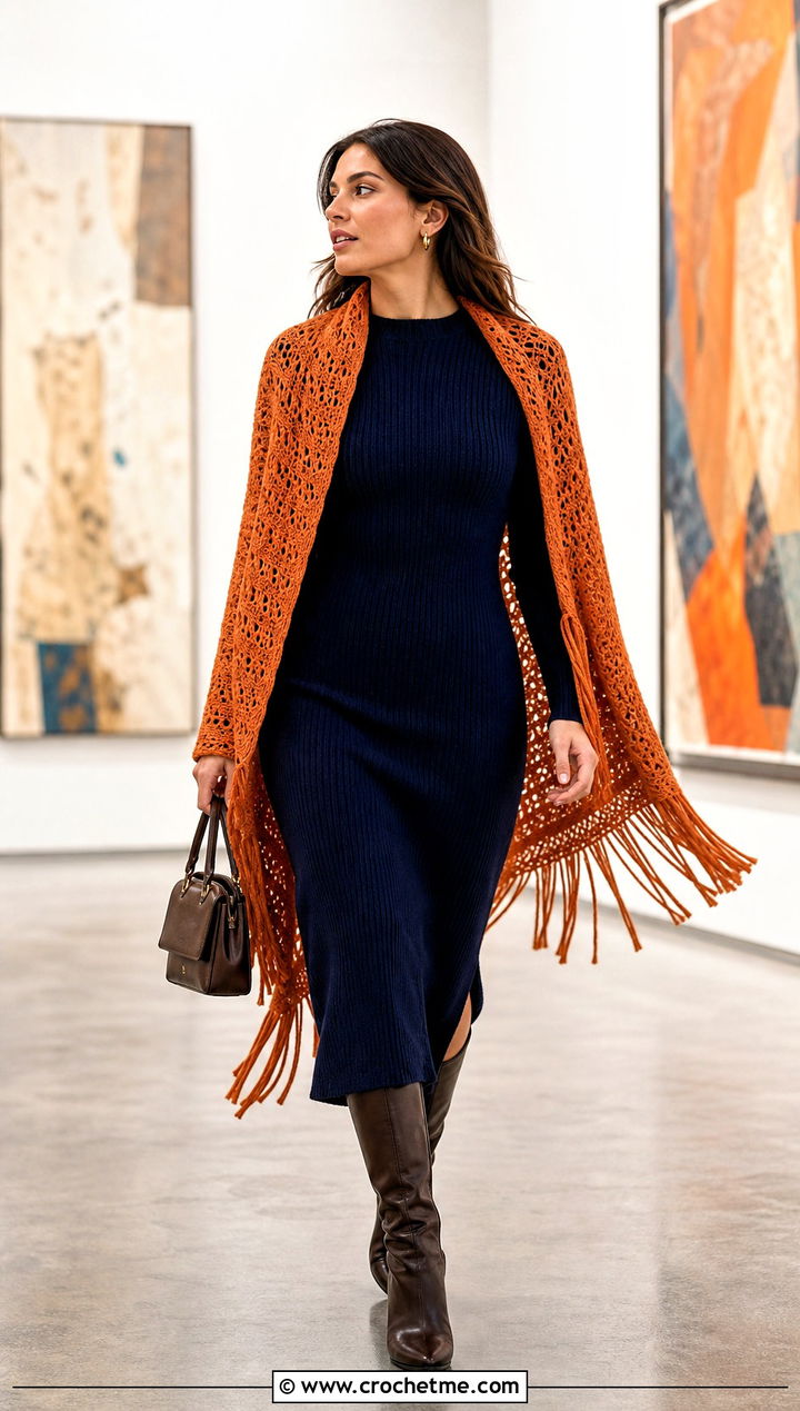 Fringed Rectangle Crochet Shawl With Midi Dress - 25 Easy Rectangle Crochet Shawl outfit ideas