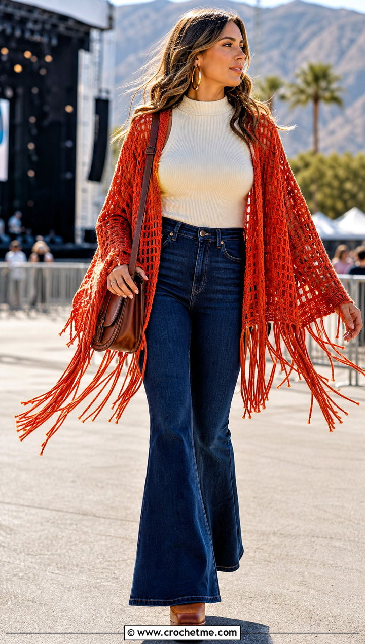 Fringed Rectangle Crochet Shrug With Flared Jeans - 20 Rectangle Crochet Shrug outfit ideas