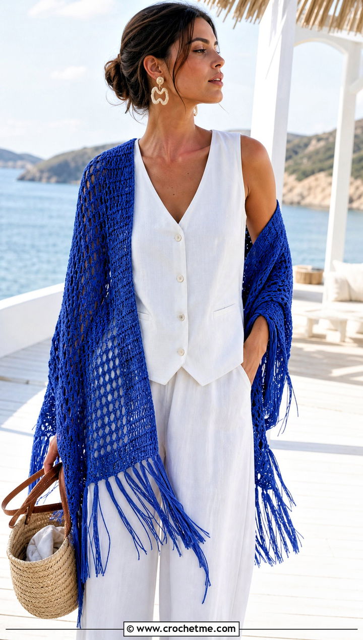 Fringed Rectangular Crochet Beach Shawl With Linen Set - 25 crochet beach shawl outfit ideas