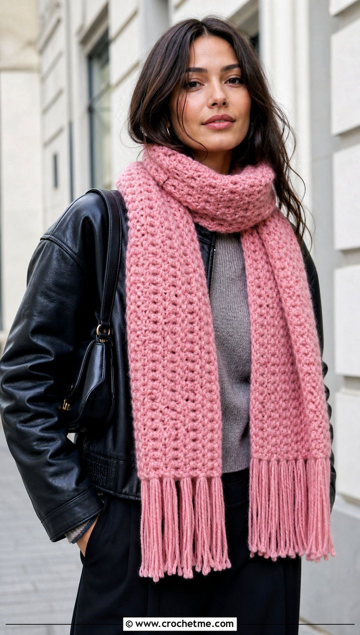 Fringed Rectangular Scarf With Leather Jacket - 15 wool ease crochet scarf outfit ideas