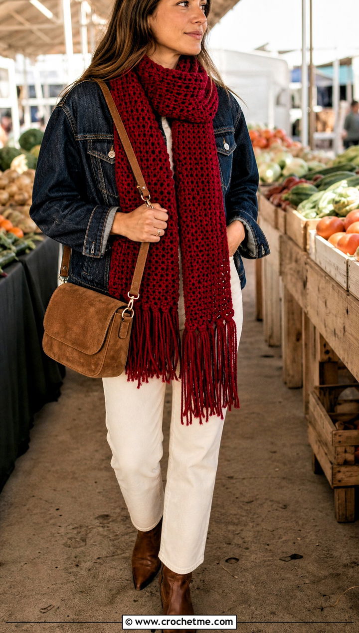 Fringed Ribbed Crochet Scarf With Western Denim - 20 Ribbed Crochet Scarf outfit ideas