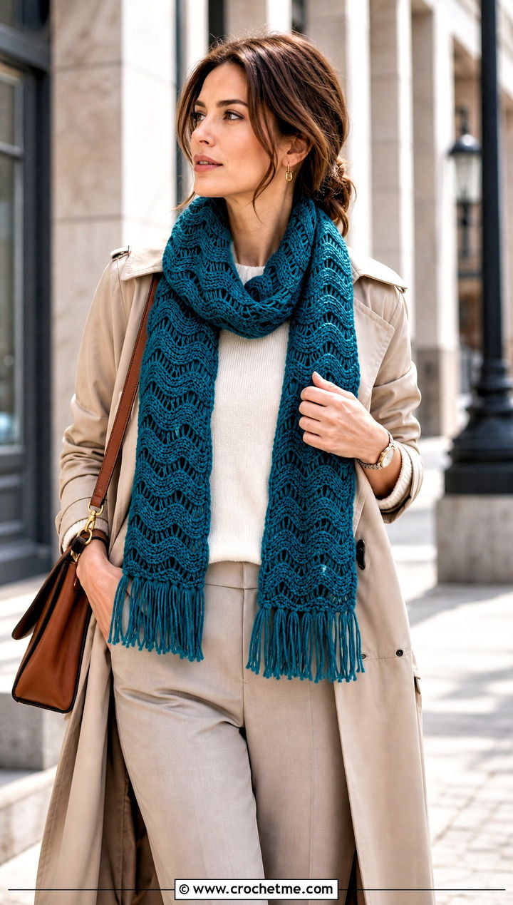 Fringed Ripple Stitch Crochet Scarf With Trench Coat - 15 ripple stitch crochet scarf outfit ideas